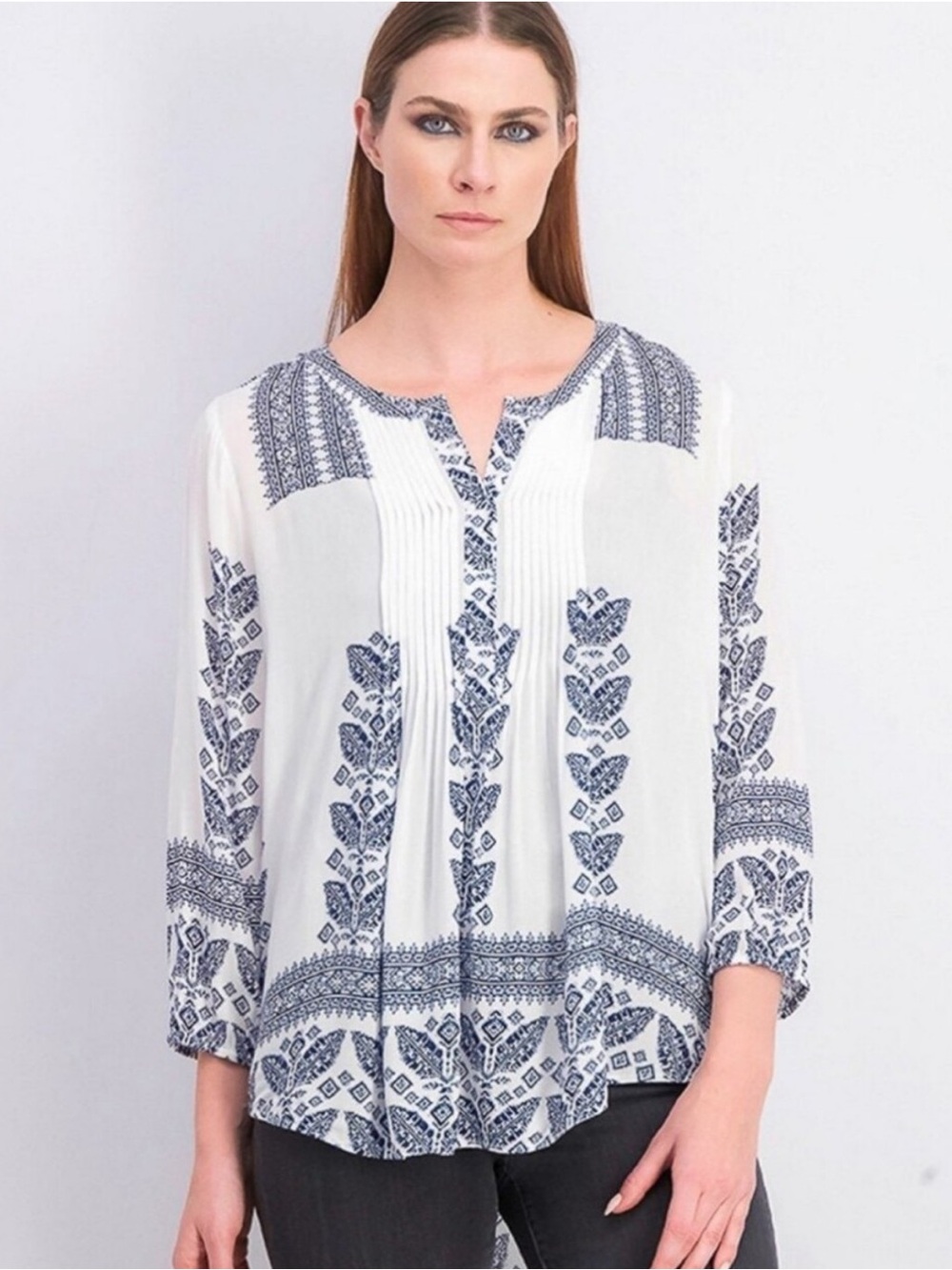 White & Navy Embroidered Peasant Tunic